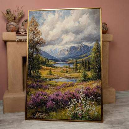 Mountain River & Wildflower Landscape Canvas in rose gold floating frame