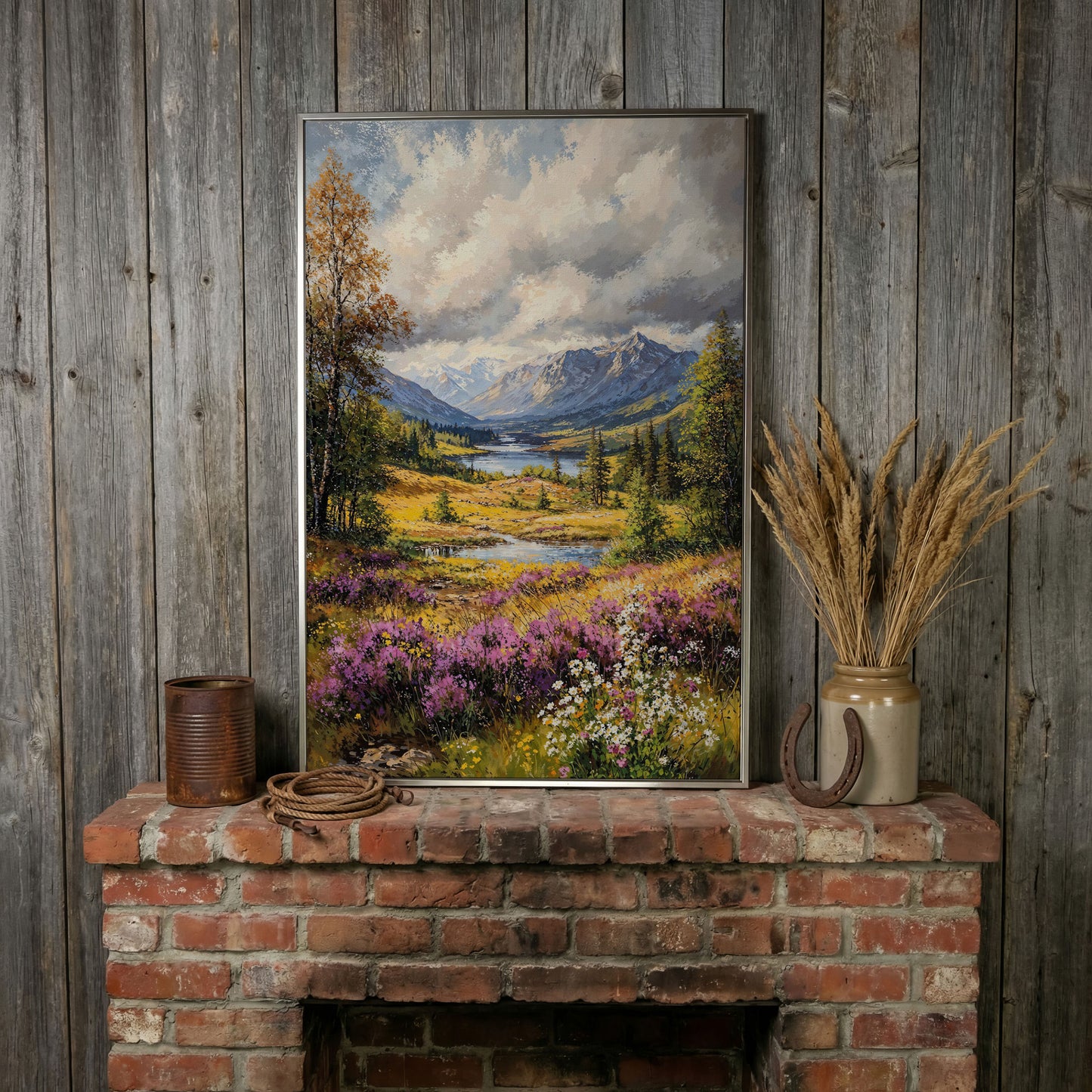 Mountain River & Wildflower Landscape Canvas in silver floating frame