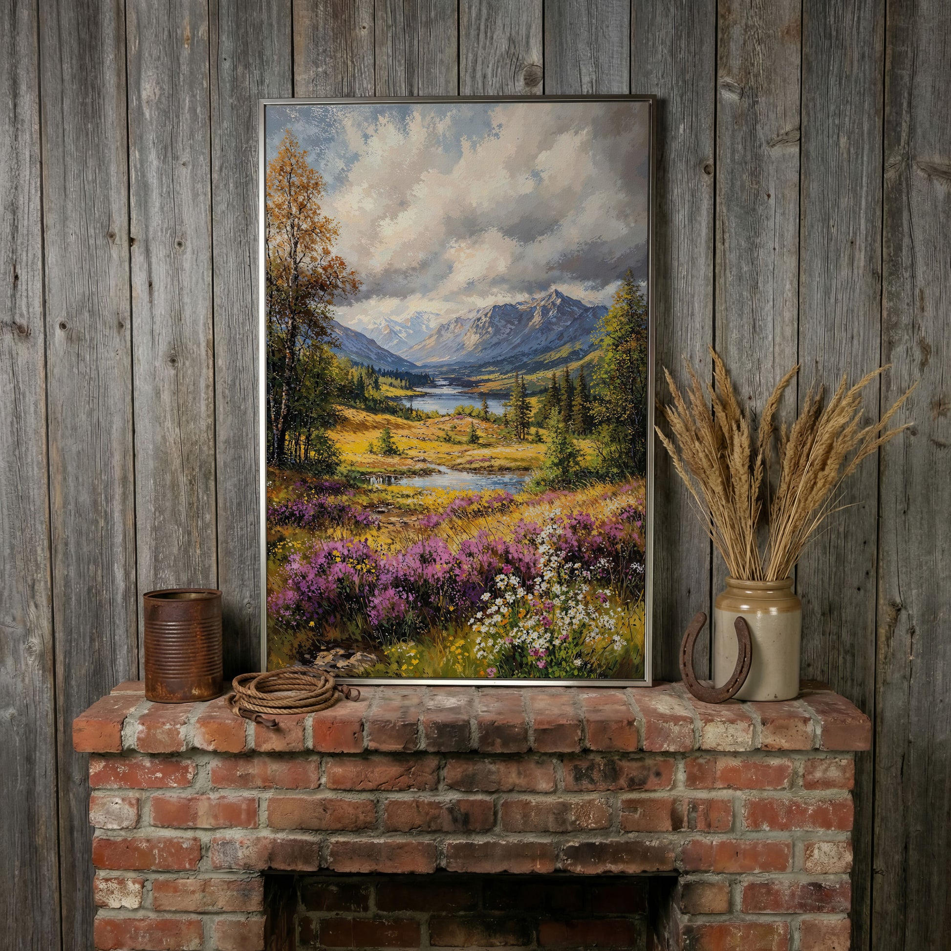 Mountain River & Wildflower Landscape Canvas in silver floating frame