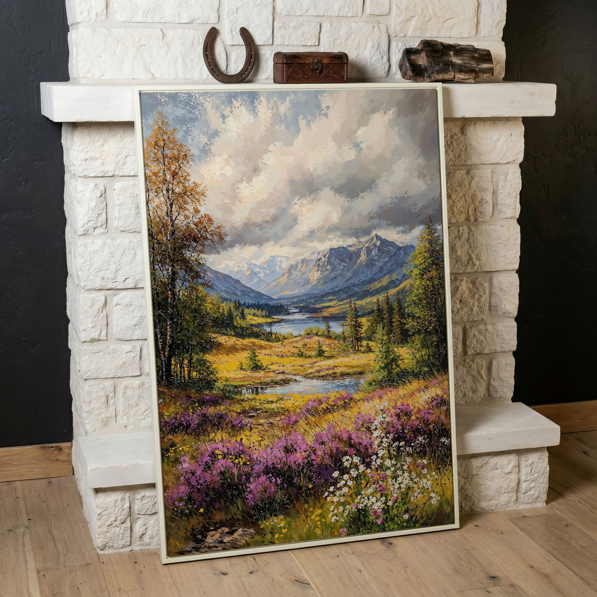 Mountain River & Wildflower Landscape Canvas in white floating frame