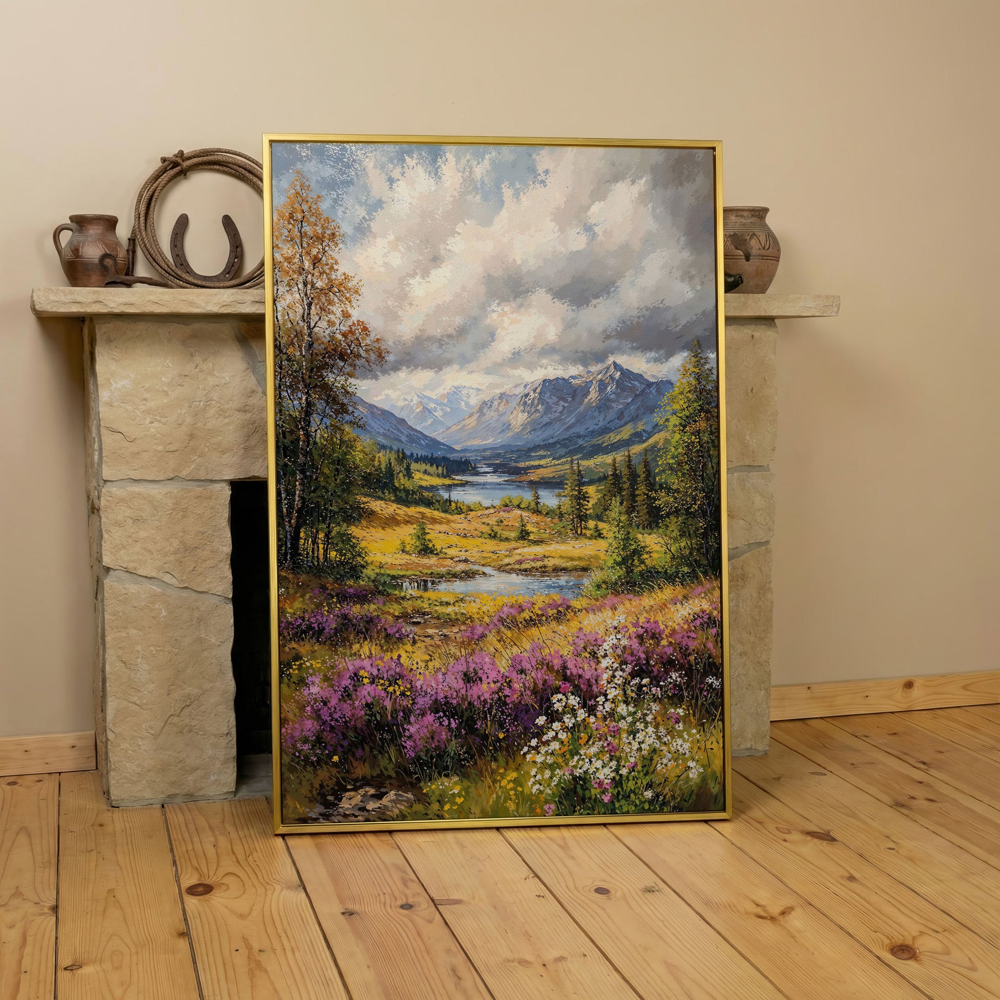 Mountain River & Wildflower Landscape Canvas in yellow gold floating frame
