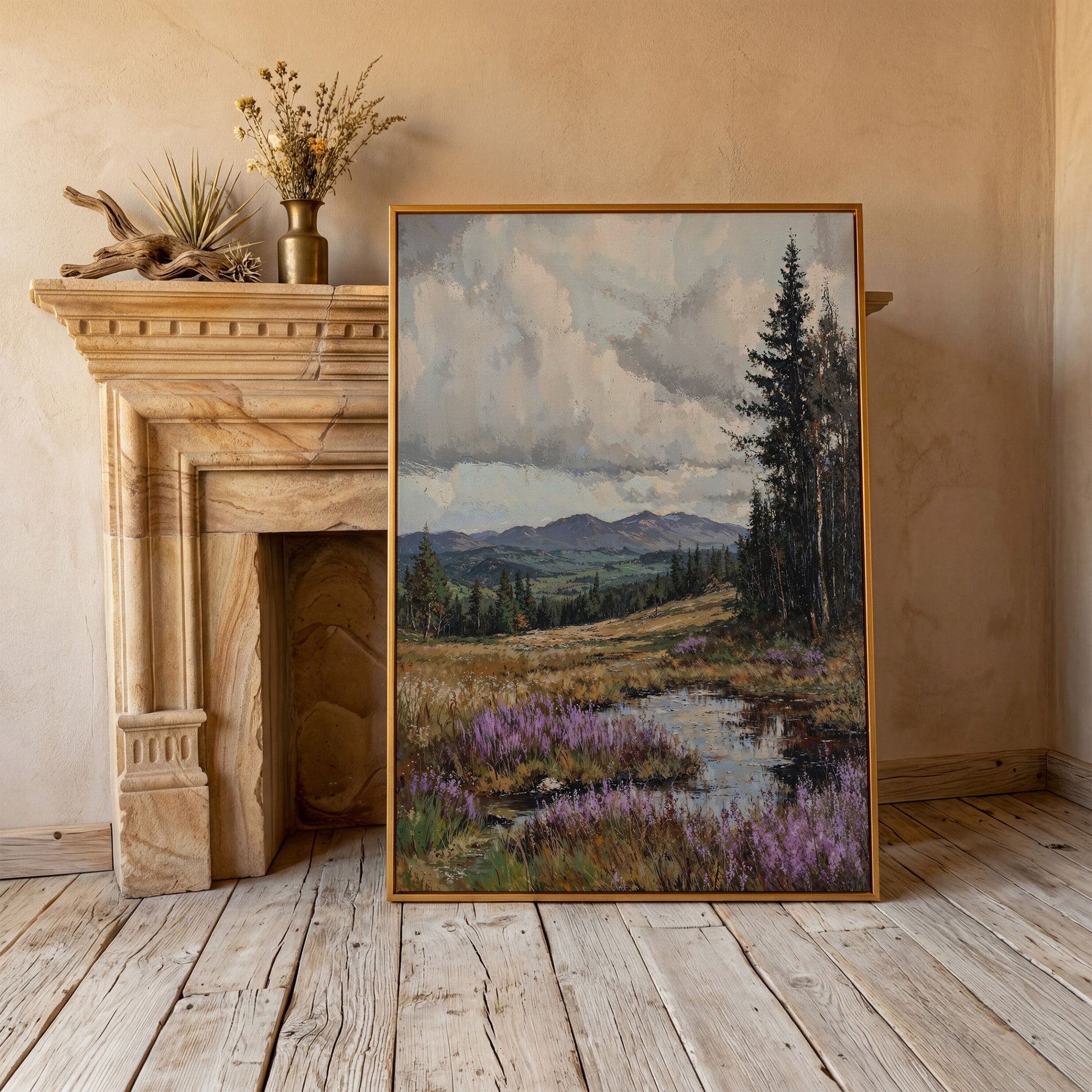 Tranquil Mountain Serenity Canvas in antique gold floating frame