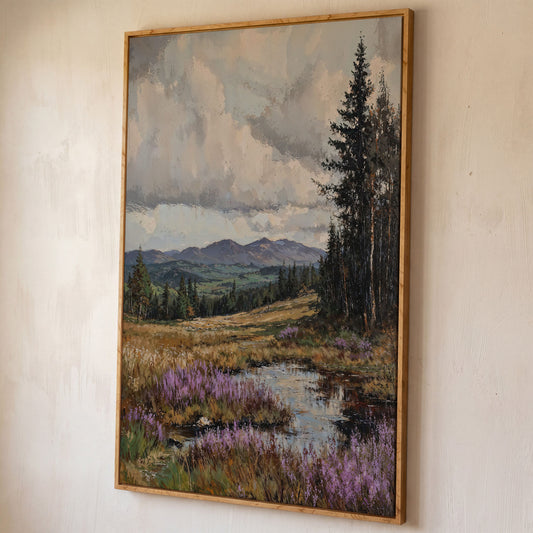 Tranquil Mountain Serenity Canvas shown in white oak floating frame