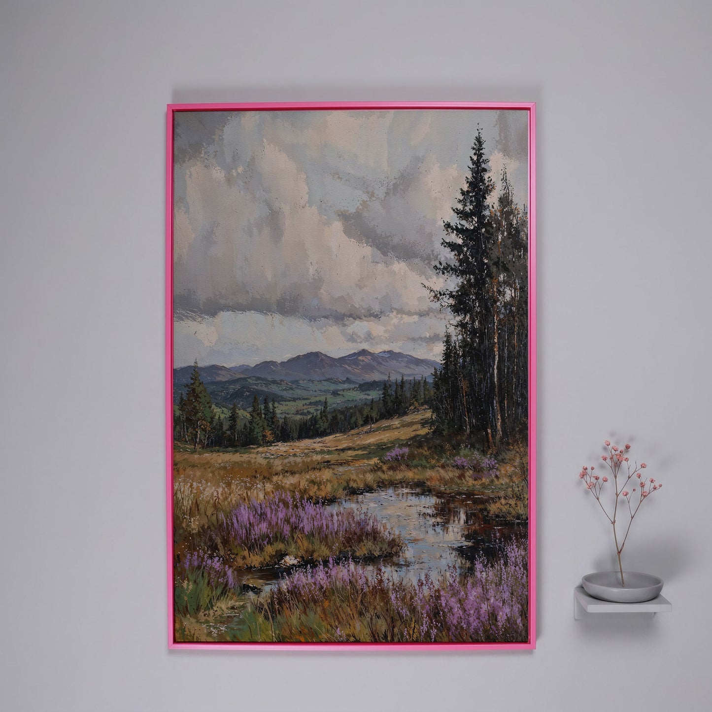 Tranquil Mountain Serenity Canvas in pink floating frame