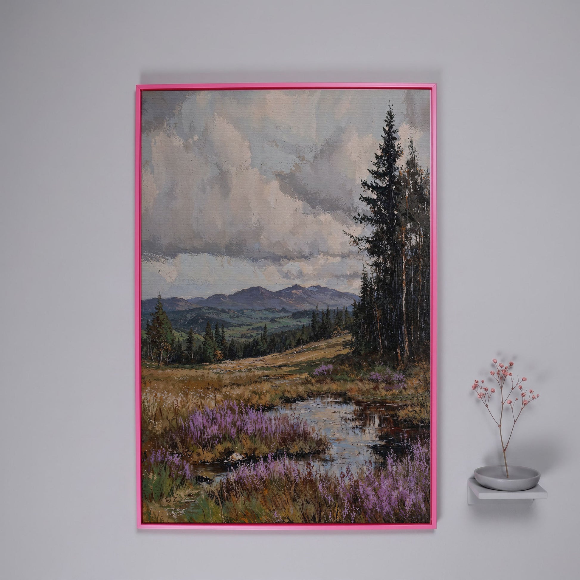 Tranquil Mountain Serenity Canvas in pink floating frame