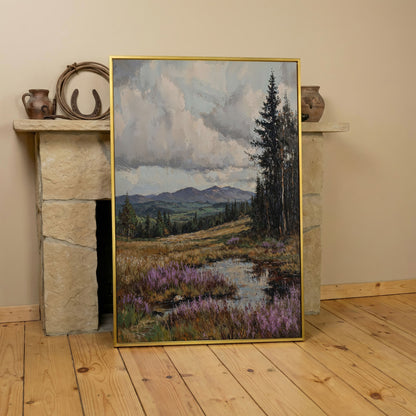Tranquil Mountain Serenity Canvas in yellow gold floating frame