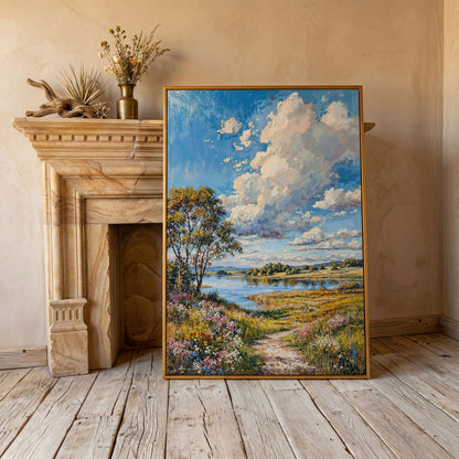Countryside Lake & Wildflowers Canvas Print in antique gold floating frame