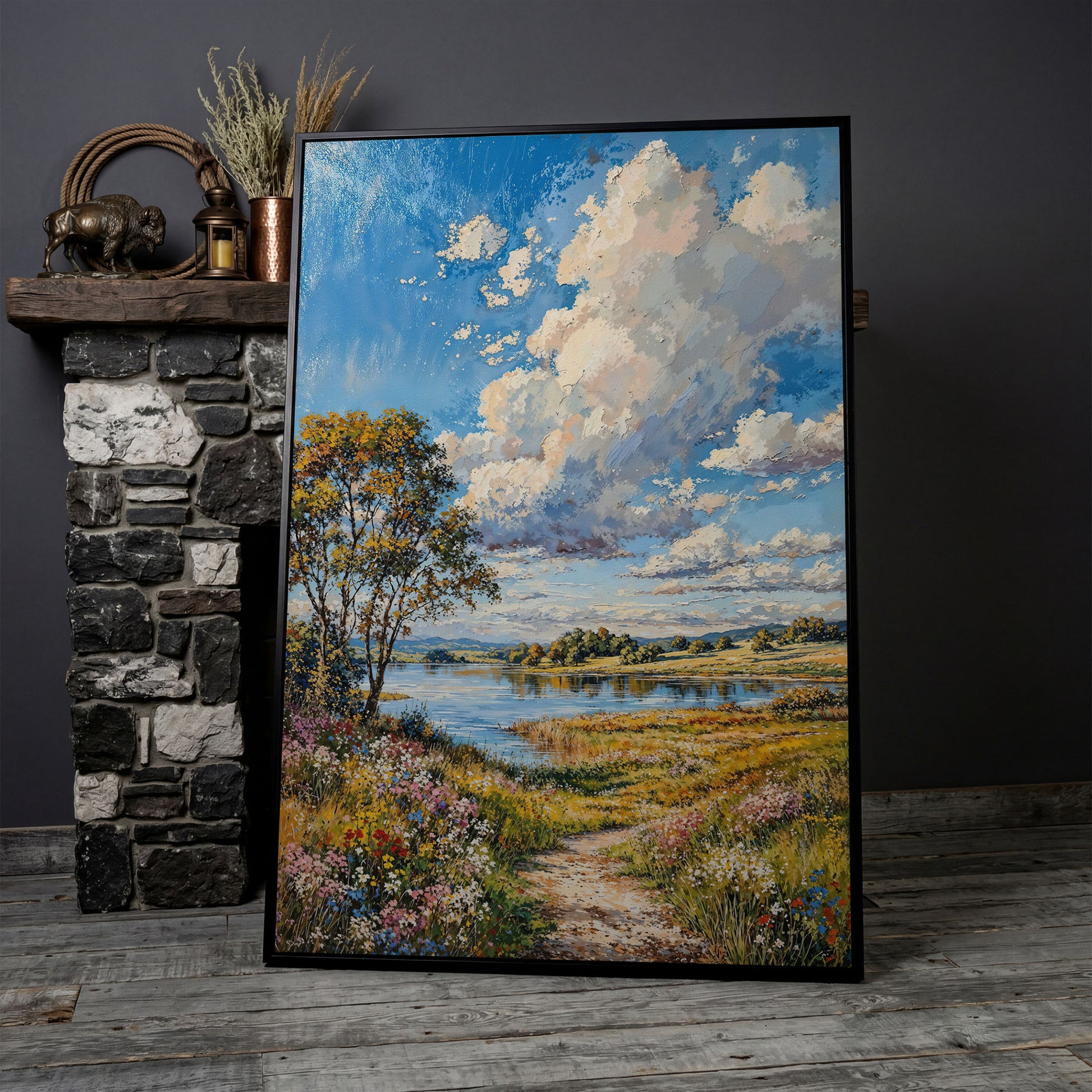 Countryside Lake & Wildflowers Canvas Print in black floating frame