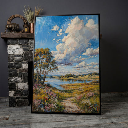 Countryside Lake & Wildflowers Canvas Print in black floating frame