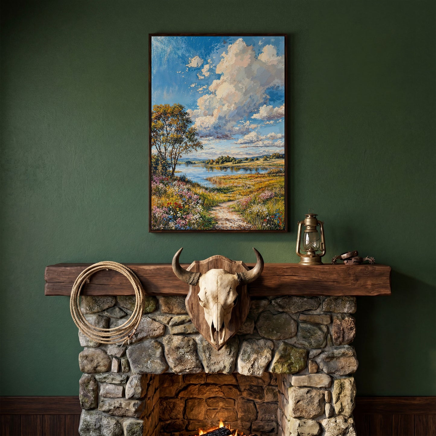 Countryside Lake & Wildflowers Canvas Print in dark walnut floating frame