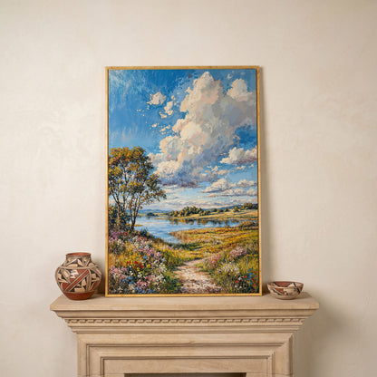 Countryside Lake & Wildflowers Canvas Print in white oak floating frame