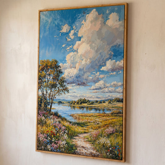 Countryside Lake & Wildflowers Canvas Print shown in white oak floating frame