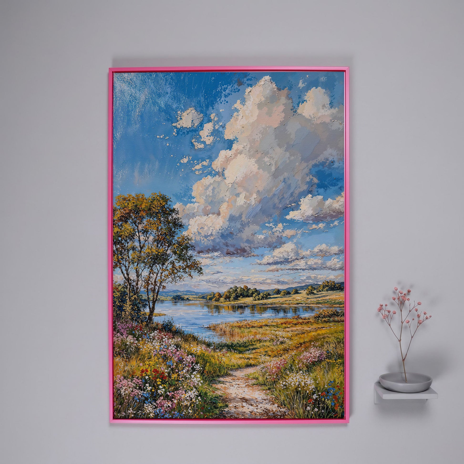 Countryside Lake & Wildflowers Canvas Print in pink floating frame