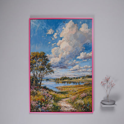 Countryside Lake & Wildflowers Canvas Print in pink floating frame