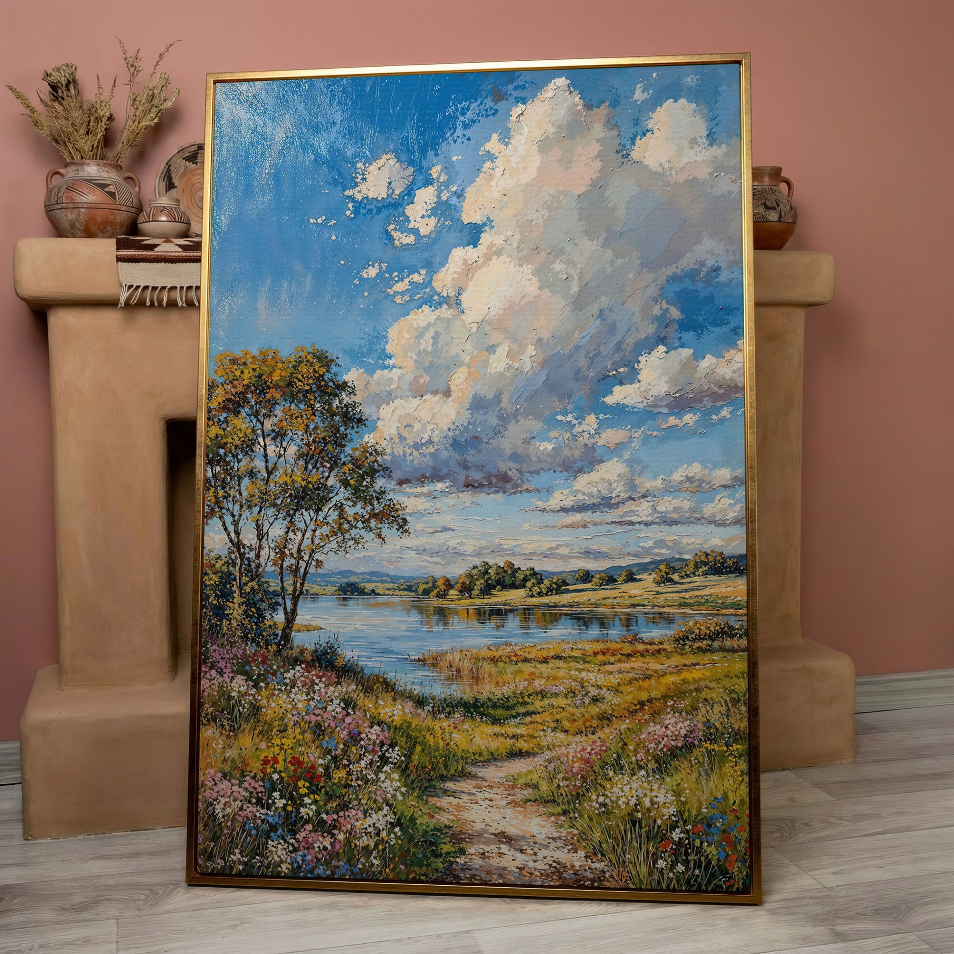 Countryside Lake & Wildflowers Canvas Print in rose gold floating frame