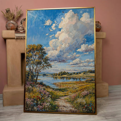 Countryside Lake & Wildflowers Canvas Print in rose gold floating frame
