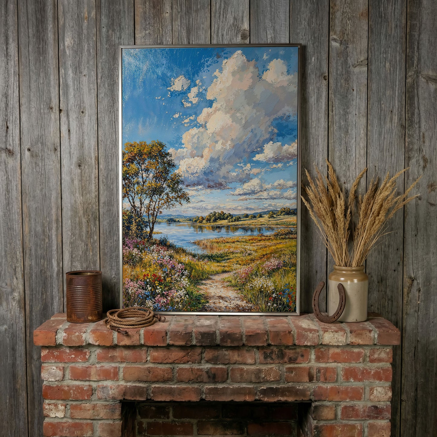 Countryside Lake & Wildflowers Canvas Print in silver floating frame