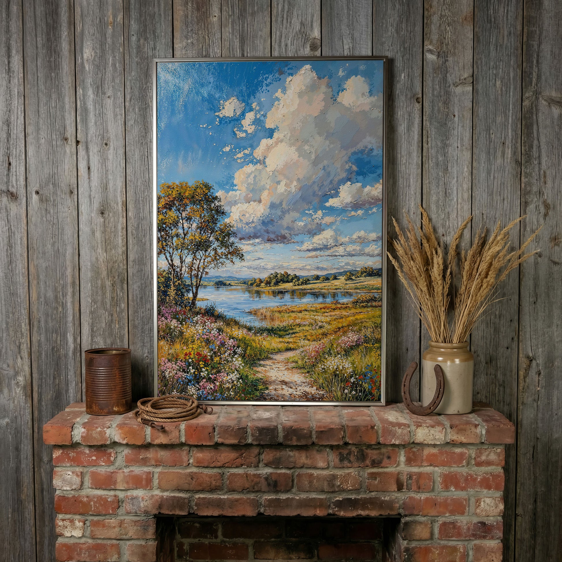 Countryside Lake & Wildflowers Canvas Print in silver floating frame