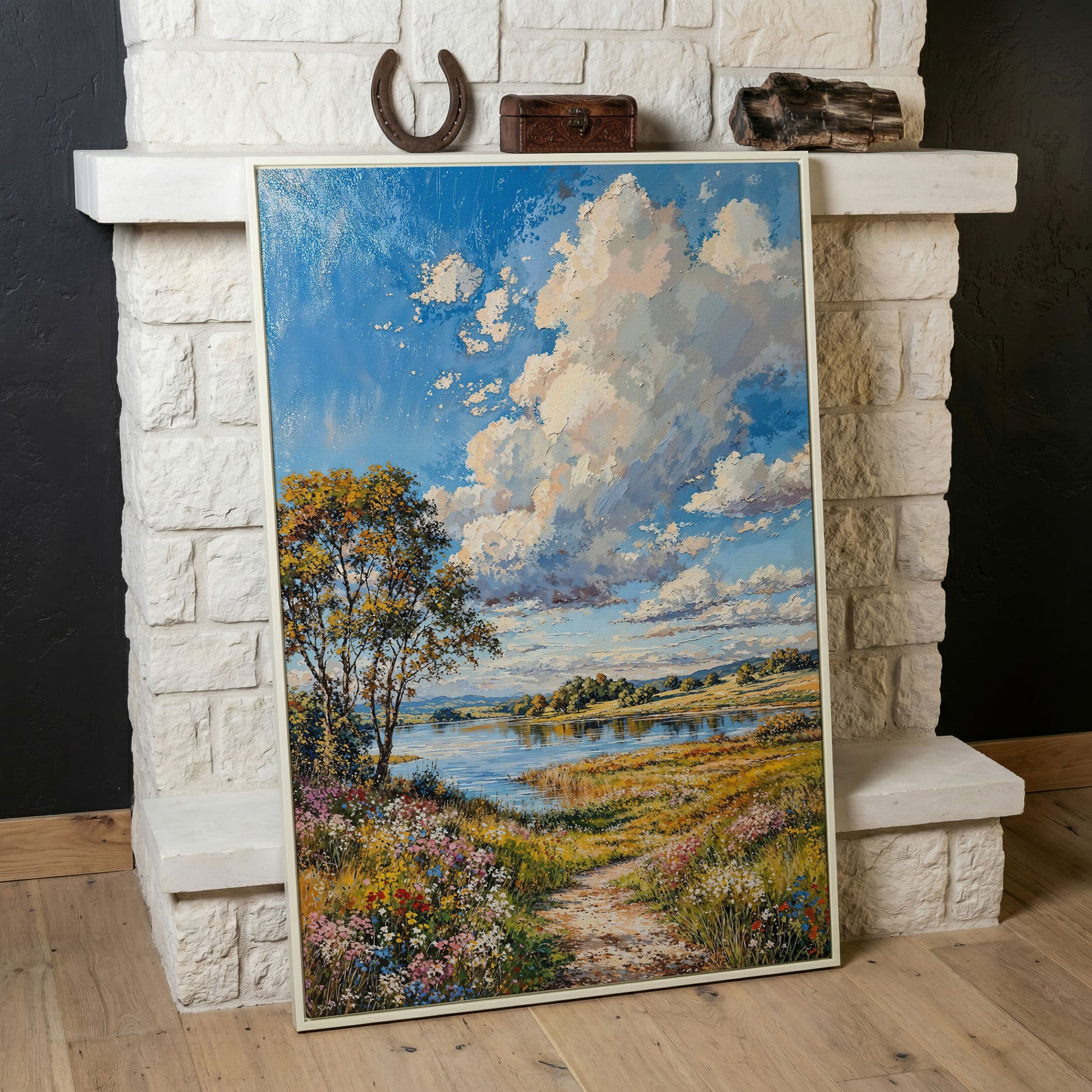 Countryside Lake & Wildflowers Canvas Print in white floating frame