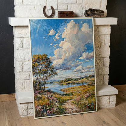 Countryside Lake & Wildflowers Canvas Print in white floating frame