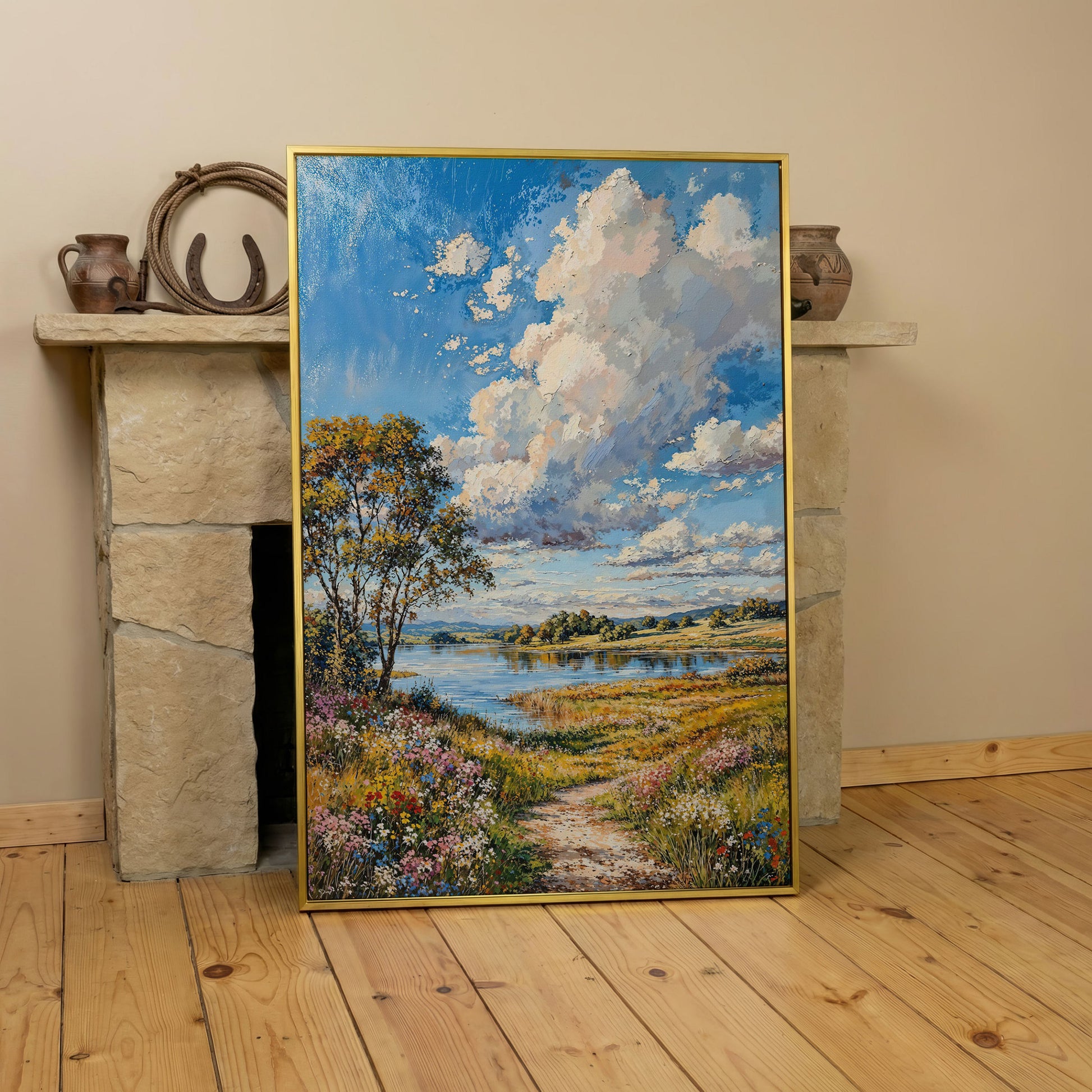 Countryside Lake & Wildflowers Canvas Print in yellow gold floating frame