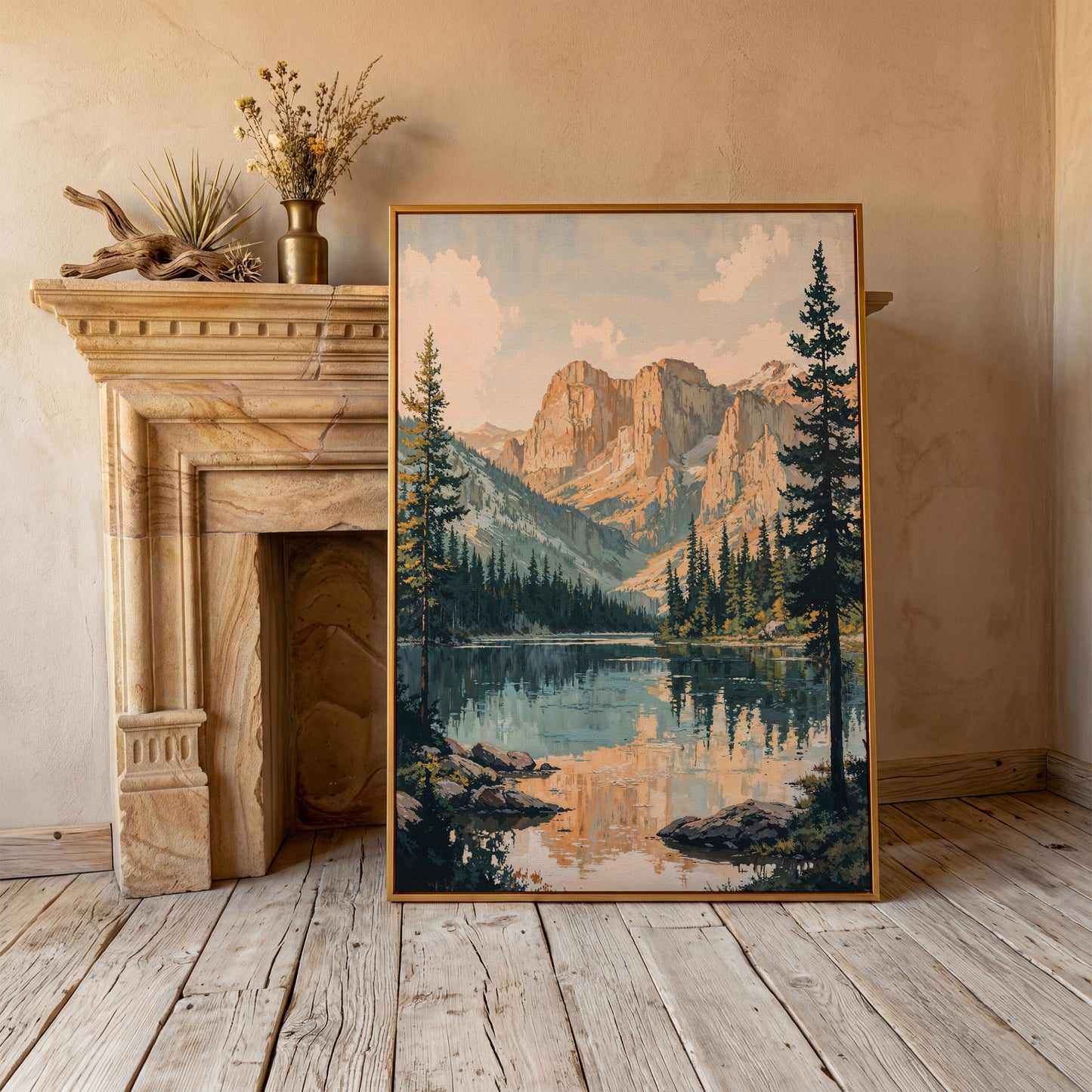 Tranquil Mountain Lake Canvas Print in antique gold floating frame