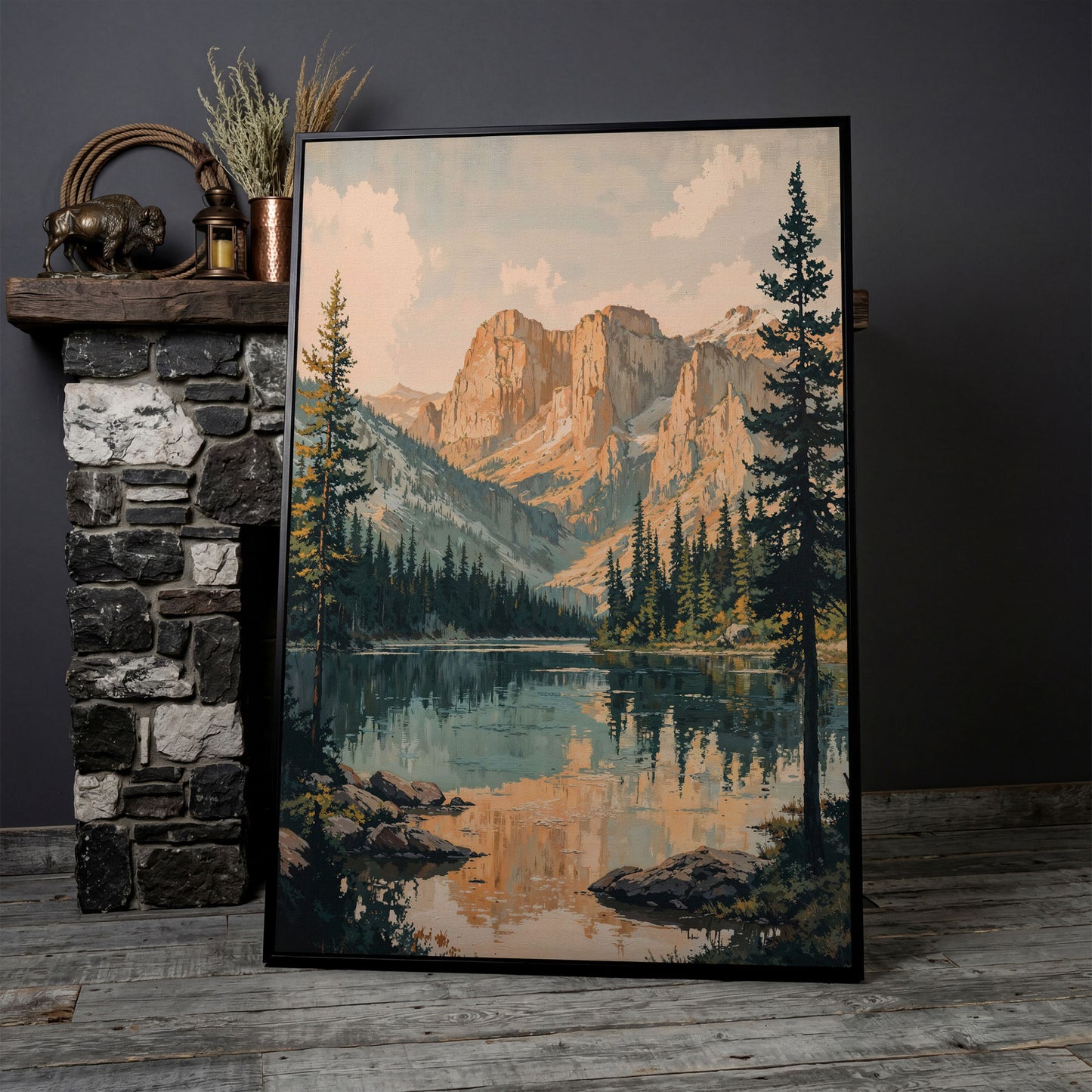 Tranquil Mountain Lake Canvas Print in black floating frame