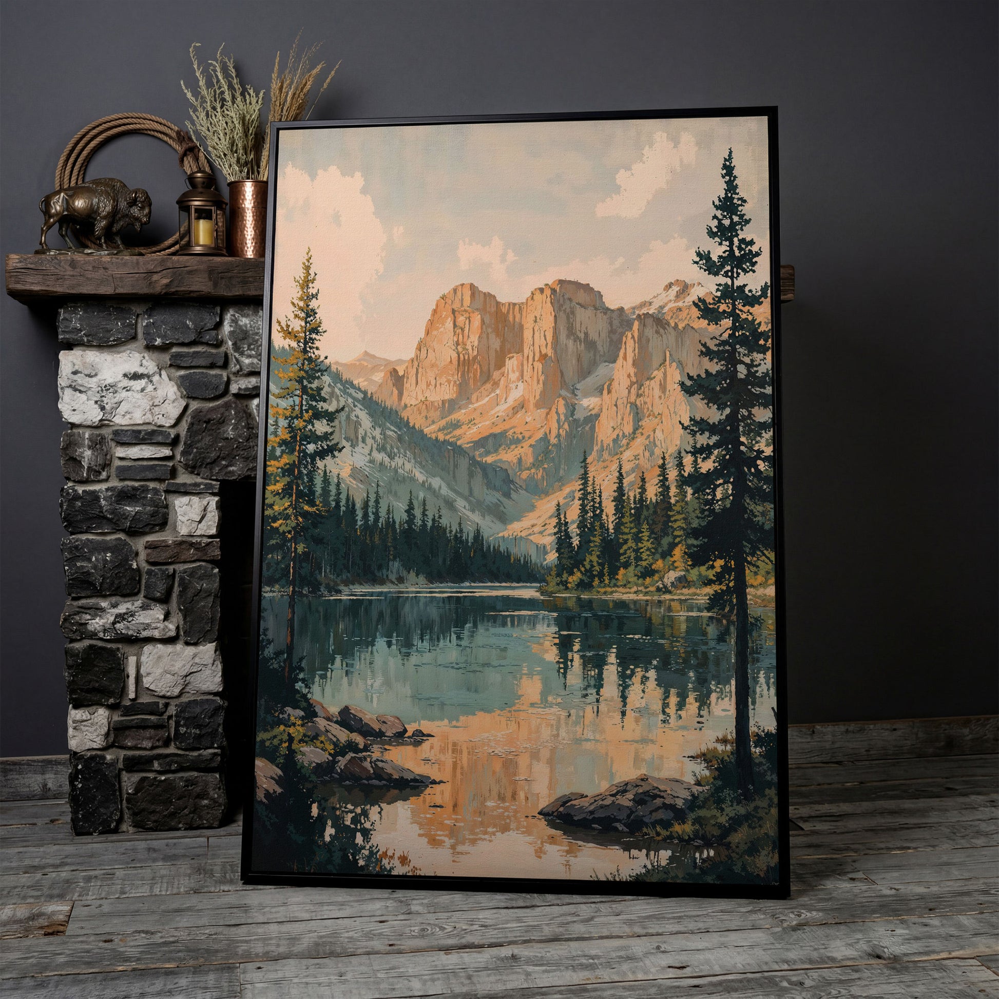 Tranquil Mountain Lake Canvas Print in black floating frame