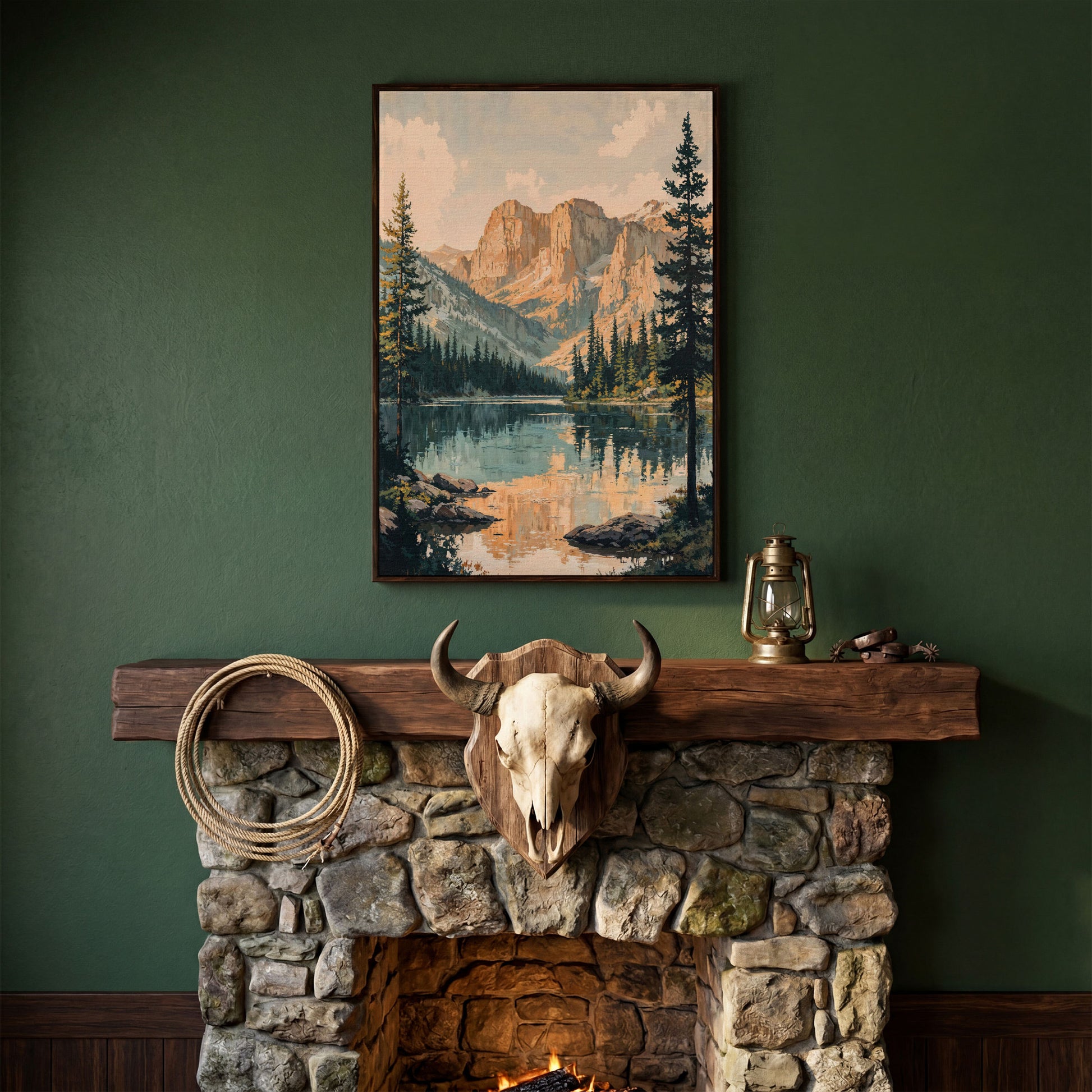 Tranquil Mountain Lake Canvas Print in dark walnut floating frame