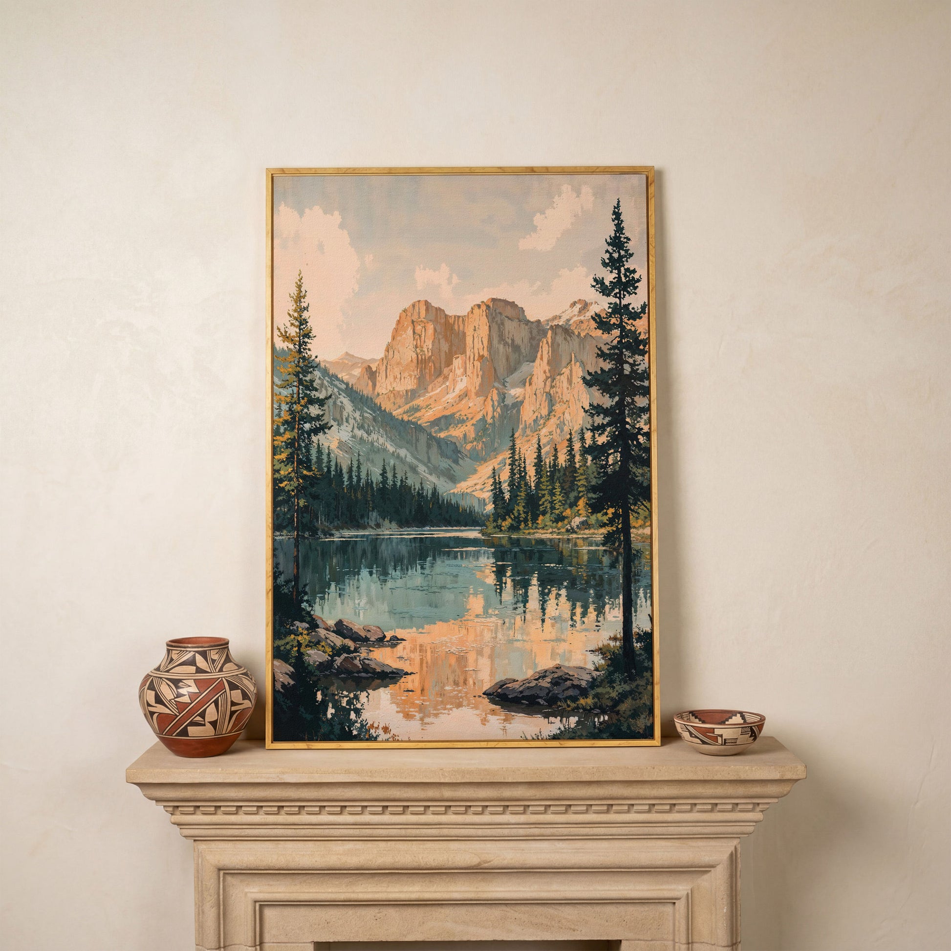 Tranquil Mountain Lake Canvas Print in white oak floating frame