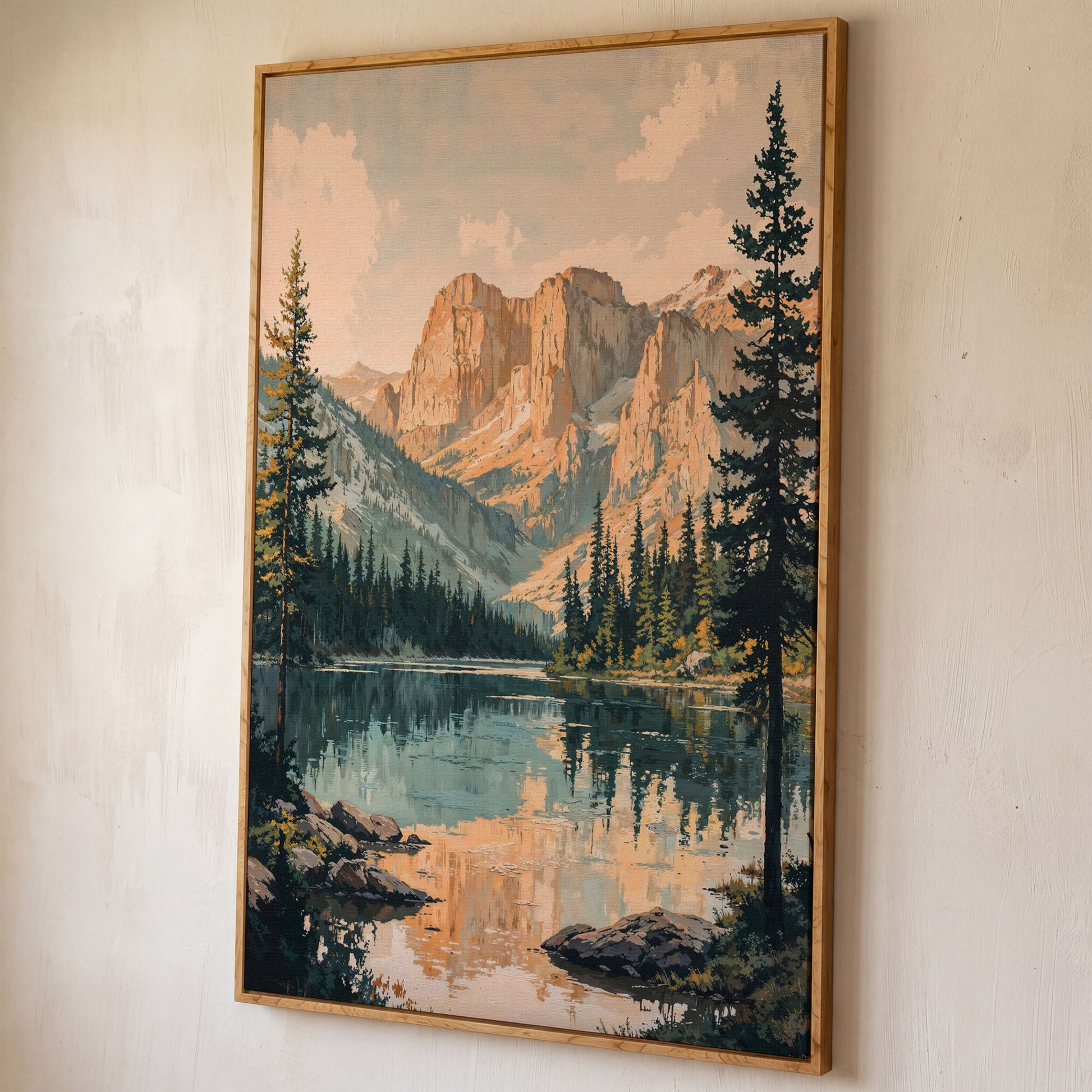 Tranquil Mountain Lake Canvas Print shown in white oak floating frame