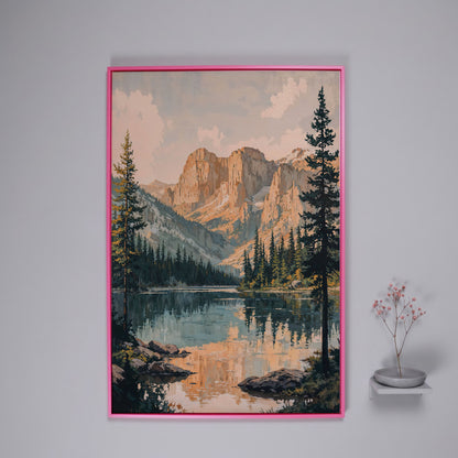 Tranquil Mountain Lake Canvas Print in pink floating frame