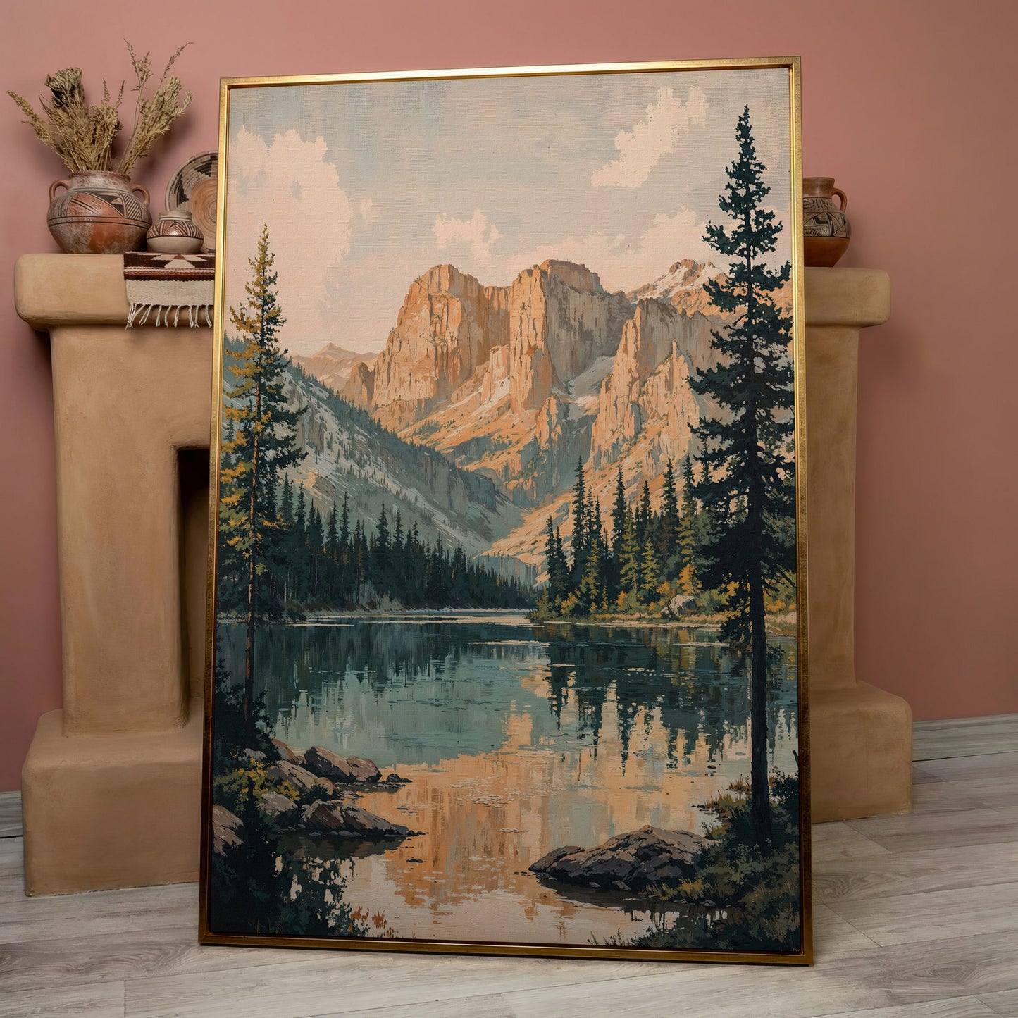 Tranquil Mountain Lake Canvas Print in rose gold floating frame