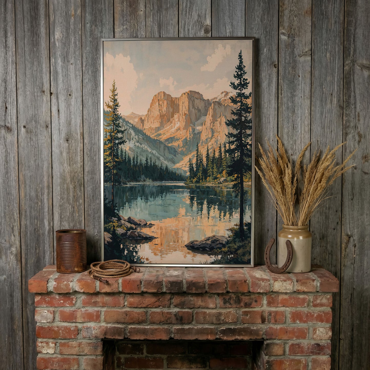 Tranquil Mountain Lake Canvas Print in silver floating frame