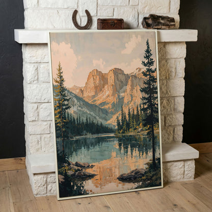 Tranquil Mountain Lake Canvas Print in white floating frame