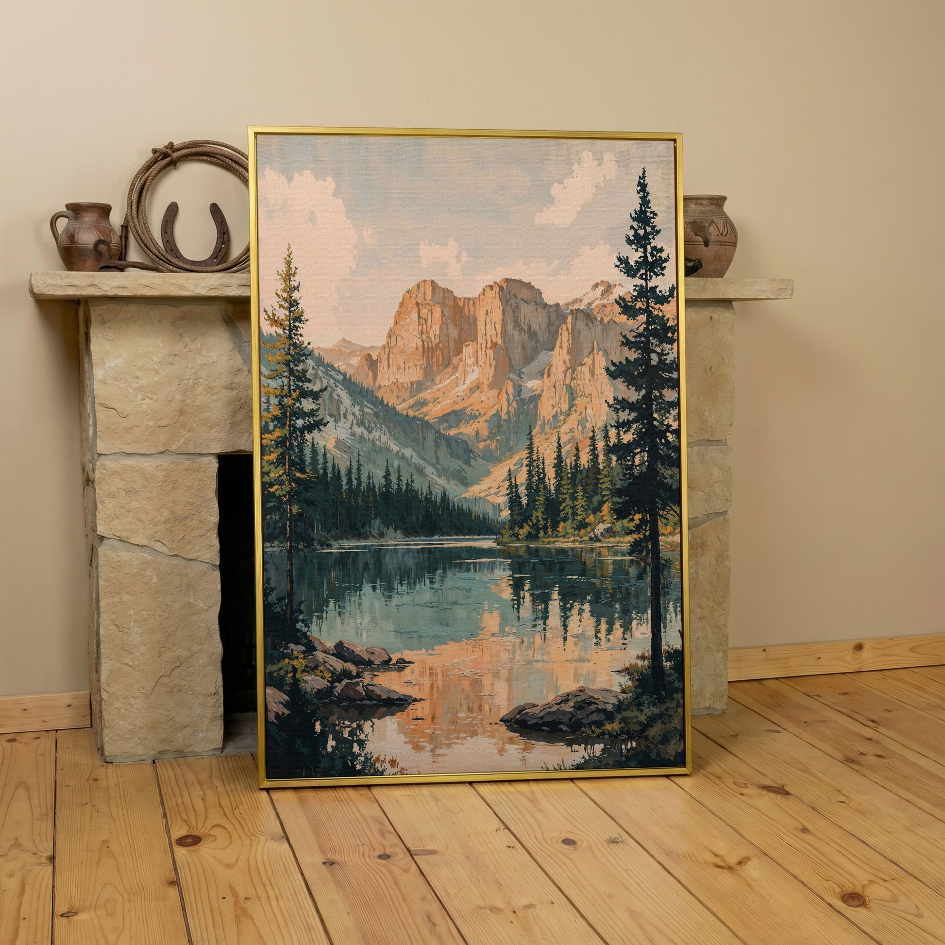 Tranquil Mountain Lake Canvas Print in yellow gold floating frame