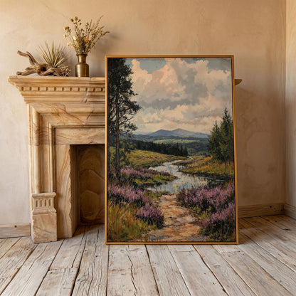 Mountain Range and River Canvas Print in antique gold floating frame