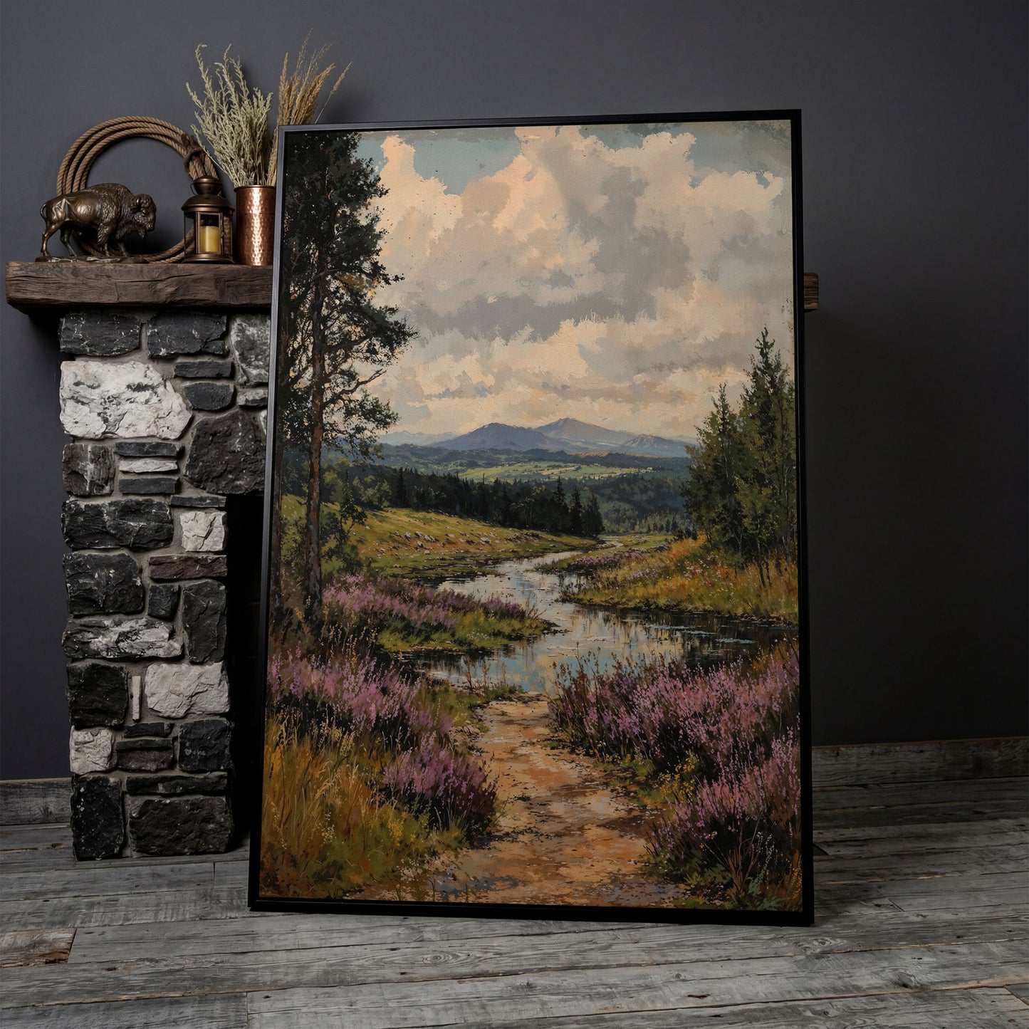 Mountain Range and River Canvas Print in black floating frame