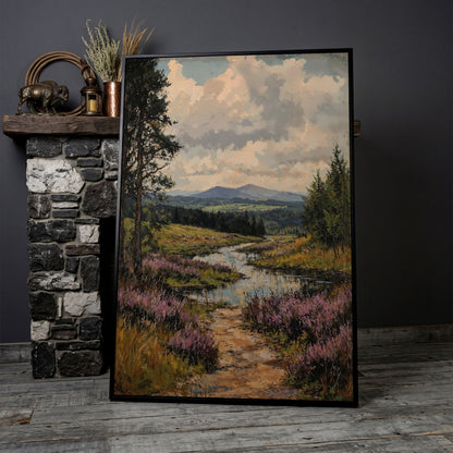 Mountain Range and River Canvas Print in black floating frame