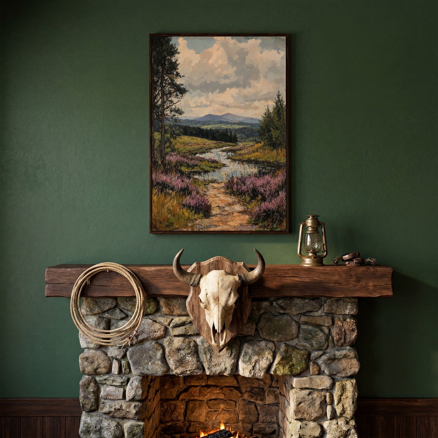Mountain Range and River Canvas Print in dark walnut floating frame