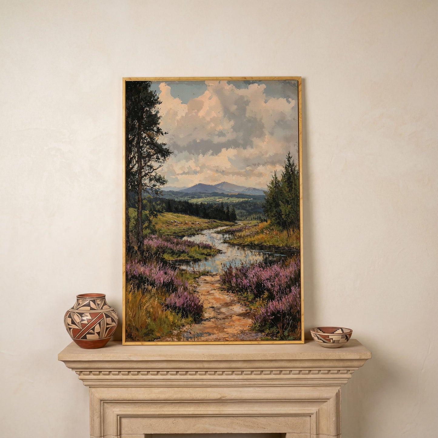 Mountain Range and River Canvas Print in white oak floating frame
