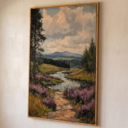 Mountain Range and River Canvas Print shown in white oak floating frame