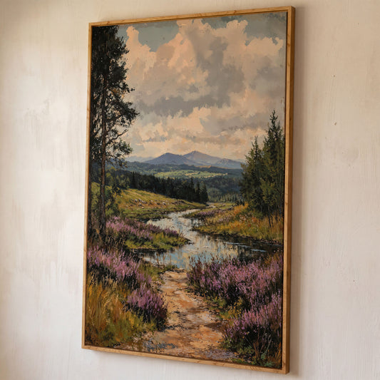 Mountain Range and River Canvas Print shown in white oak floating frame