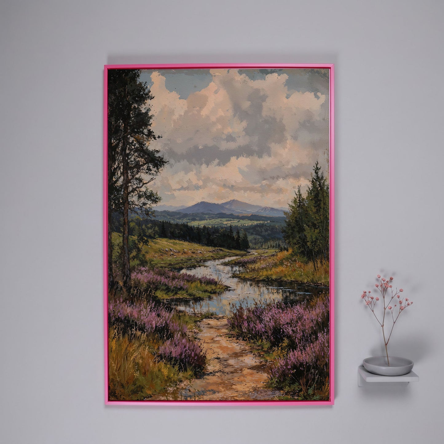 Mountain Range and River Canvas Print in pink floating frame