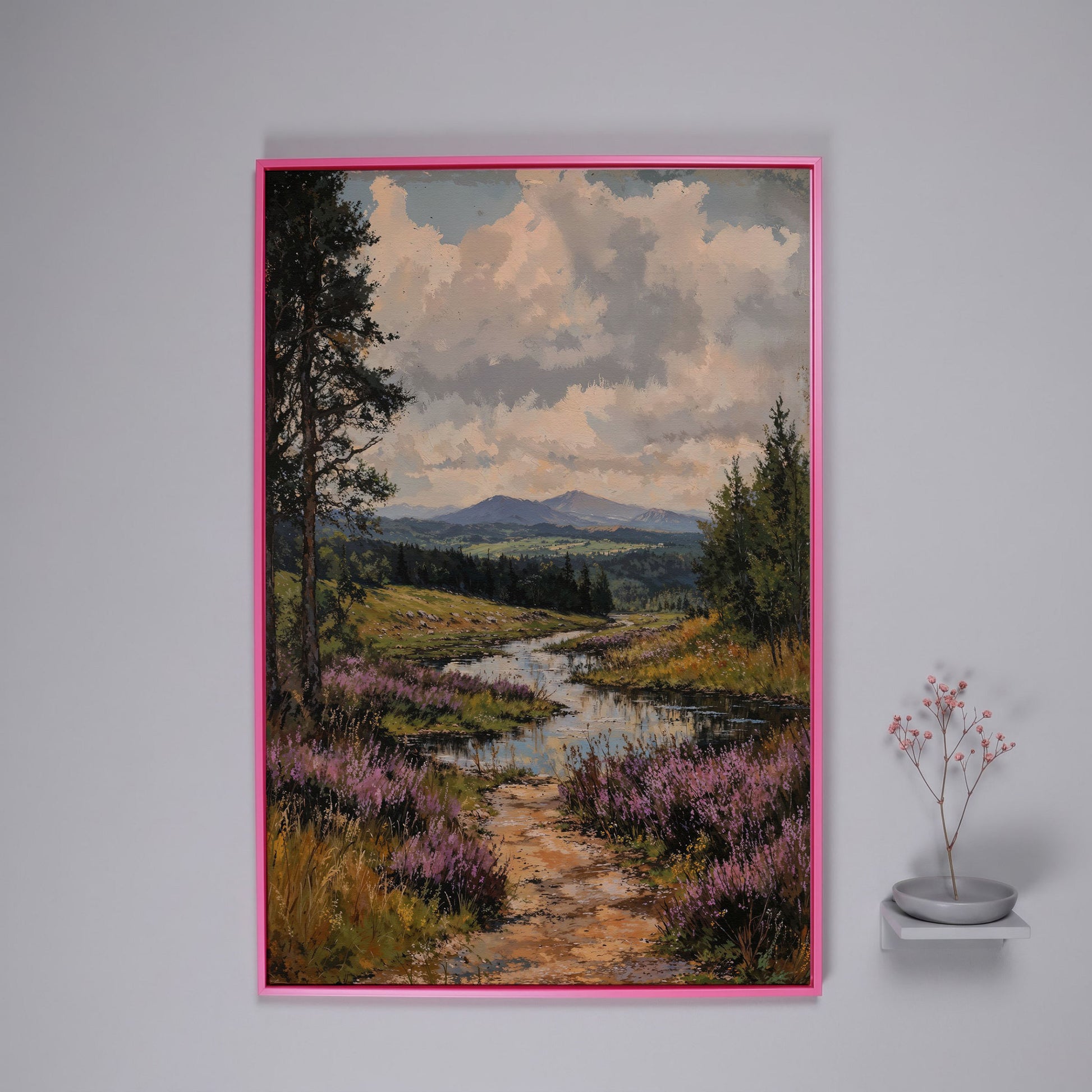 Mountain Range and River Canvas Print in pink floating frame