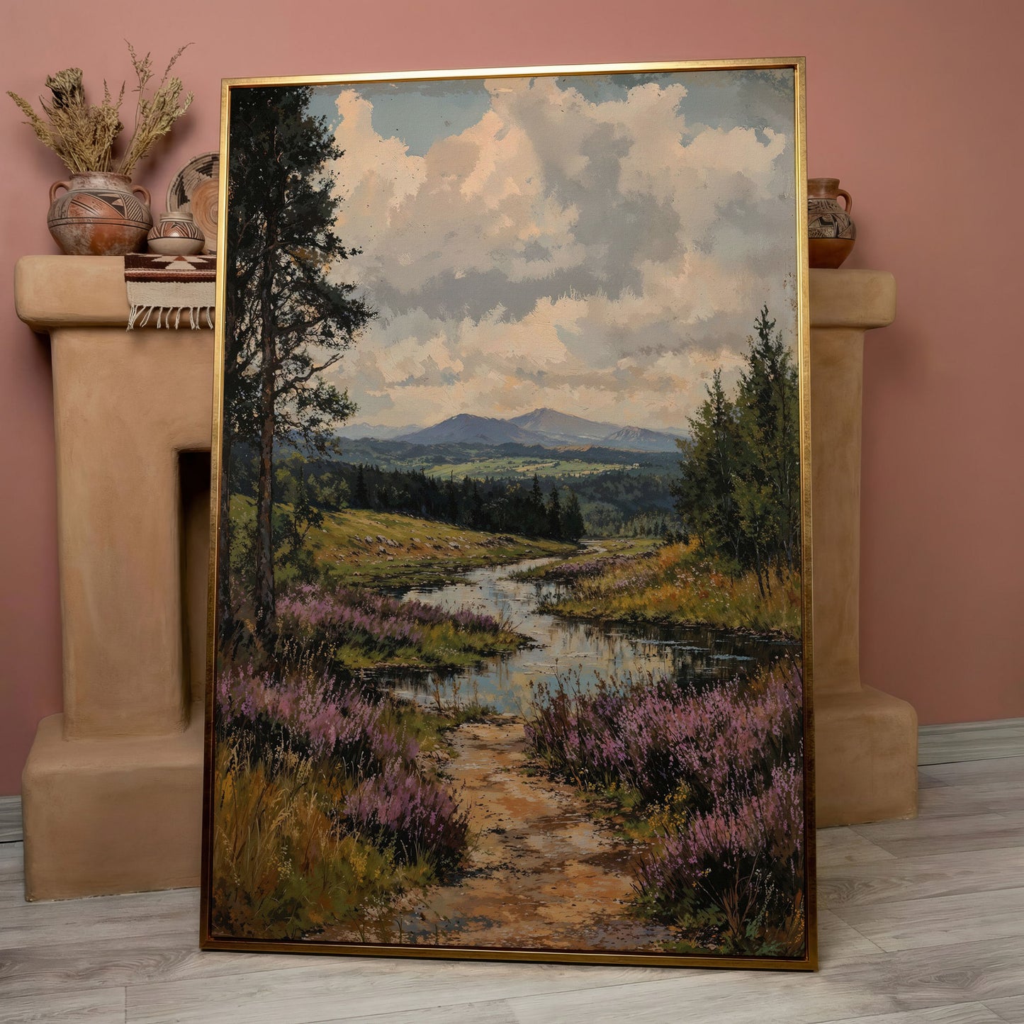 Mountain Range and River Canvas Print in rose gold floating frame