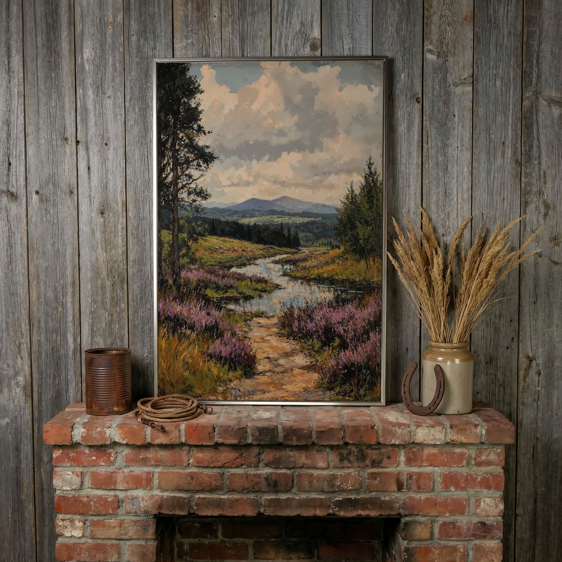 Mountain Range and River Canvas Print in silver floating frame