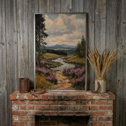 Mountain Range and River Canvas Print in silver floating frame