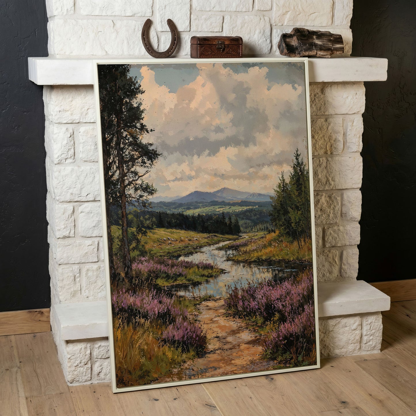 Mountain Range and River Canvas Print in white floating frame