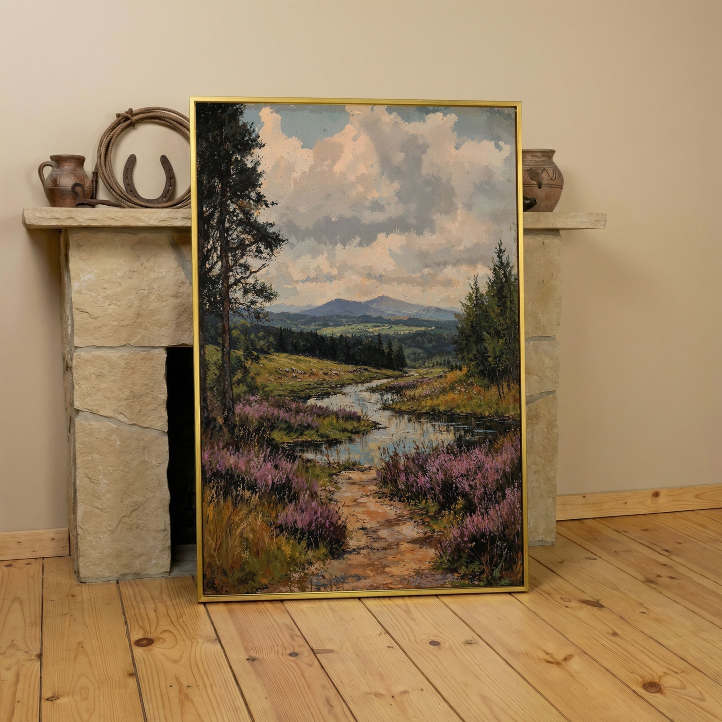 Mountain Range and River Canvas Print in yellow gold floating frame
